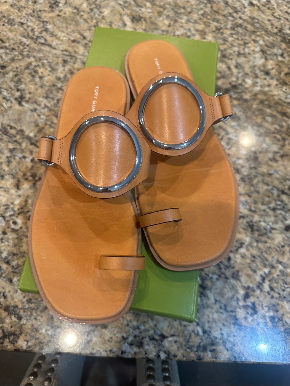 Tory Burch Cognac Leather Toe-Loop Sandals with Silver Ring